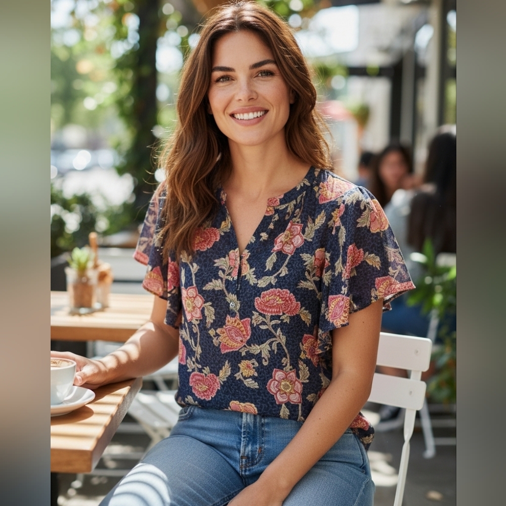 Chaps - Blue and Pink Ruffled Sleeves Flowy Blouse